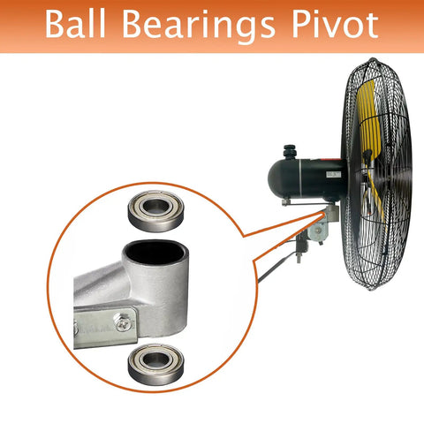Ball bearings of Beefed-Up Industrial 24-Inch Oscillating Wall Fan With 8900 CFM High Velocity, Heavy Duty Shop Fan.