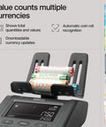 Pro Grade Advanced Money Counting Scale with clear display, showing multiple currency values and coin rolls
