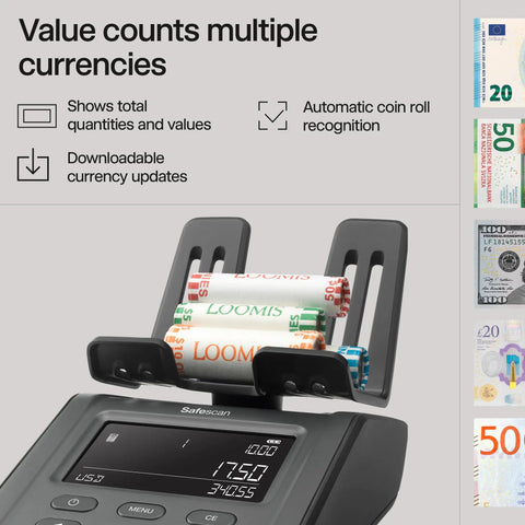 Pro Grade Advanced Money Counting Scale with clear display, showing multiple currency values and coin rolls