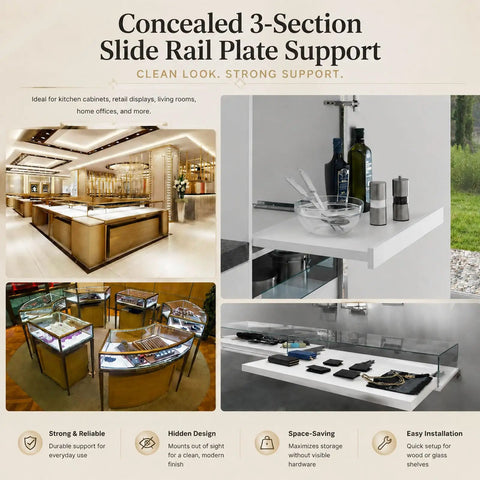 Zinc Plated Drawer Slides With Soft Close Undermount Full Extension Runners For Cabinets And Furniture Quiet Smooth Glide Tough As Nails Heavy Duty Metal Rails Durable Hardware For Long Lasting Performance concealed 3-section rail plate support for display cabinets