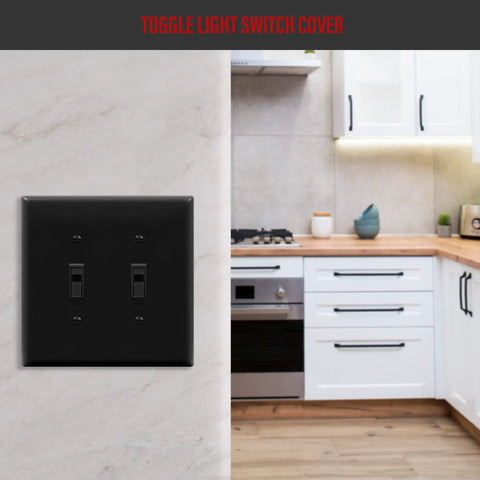 Double Light Wall Toggle Switch Plate 2 Gang Mid Size 4.88 By 4.92 Inches Built Tough Unbreakable Polycarbonate Thermoplastic Heat And Fade Resistant UL Listed Black Finish Model 8812M BK installed in kitchen.