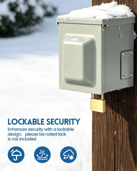 Heavy Duty Rugged Outdoor Outlet Box Knockout Free Setup, Dual GFCI Electrical Enclosure mounted to wooden post