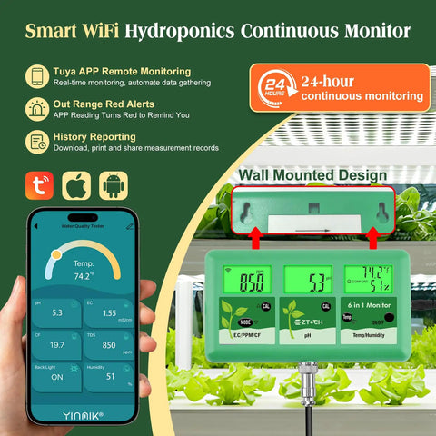 Wall-mounted No-Fuss All-In-One 6-In-1 WiFi Hydroponics Monitor with pH EC TDS CF Temp Humidity and smartphone app.