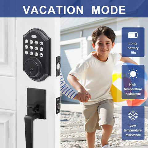 Black Front Door Handle Set With Keypad Lock Keyless Entry Electronic Deadbolt For Doors Easy Hands Free Access Secure Lockset vacation mode
