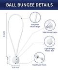 Tough As Nails 6 Inch Ball Bungee Cords Set with details of polyester rope, plastic ball, and latex material, white color