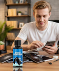 Man using Phone Screen Scratch Remover Kit 30/100g, applying gentle polish cream to phone screen, surrounded by devices.