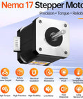 Front view of a NEMA 17 bipolar stepper motor with silver faceplate, black body, 4-wire connector, and protruding shaft.