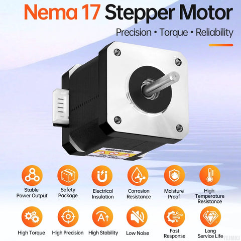 Front view of a NEMA 17 bipolar stepper motor with silver faceplate, black body, 4-wire connector, and protruding shaft.