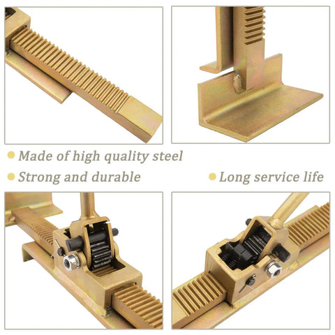 Flooring Jack For Hardwood Floors Pro Grade Positioning Tool showing gold-plated steel gears and base for DIY installation
