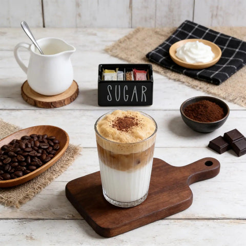 Latte with Ceramic Sugar Packet Holder And Tea Bag Organizer In Black on rustic table setup.