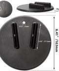 Black Jiffy Stand Coaster Kickstand Pad for Harley motorcycles, shown with dimensions, prevents sinking on dirt grass asphalt.