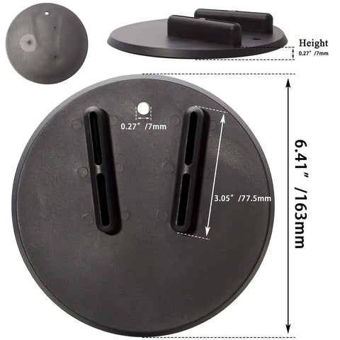 Black Jiffy Stand Coaster Kickstand Pad for Harley motorcycles, shown with dimensions, prevents sinking on dirt grass asphalt.
