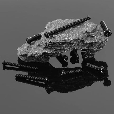 Five 5/16-18 X 1 Inch Button Head Socket Cap Bolts 304 Stainless Steel on black background with stone base.