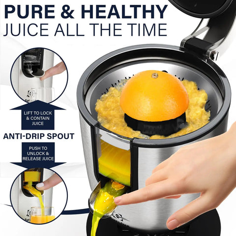 Eurolux Premium Electric Orange Juicer Featuring 160W High-Torque Motor For Commercial-Grade Citrus Squeezing Power with anti-drip spout.