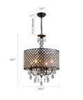 Antique Black Hanging Pendant Light With Crystal Drum Shade, Four Light Farmhouse Chandelier dimensions shown