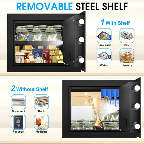 Compact 1.3 Cu Ft Home Safe Box Fireproof And Waterproof With Digital Keypad Spare Keys Removable Shelf Anti Theft Security