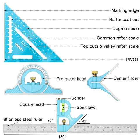 Diagram of a 7 inch aluminum rafter square and 16 inch zinc alloy combination square with stainless steel ruler, part of the Rafter Square And Combination Square Tool Set Pro Grade Built For Pros And DIYers With A 7 Inch Aluminum Rafter Square And 16 Inch Zinc Alloy Combination Square Stainless Steel Ruler Two Carpentry Pencils And A Scriber For Precise Framing And Woodworking.