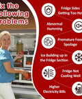Woman opening refrigerator with text overlay listing fridge issues: sides hot, abnormal humming, food spoilage, ice build-up, cooling, electricity bills.