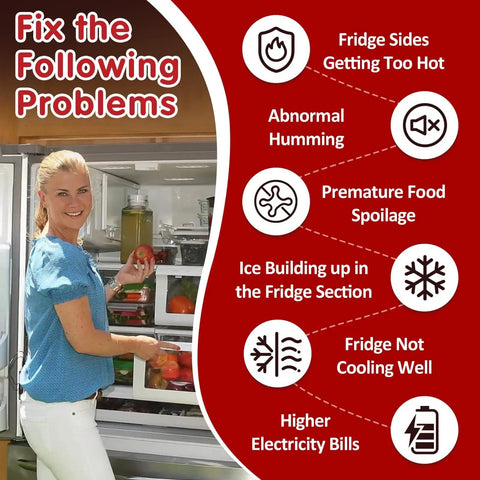 Woman opening refrigerator with text overlay listing fridge issues: sides hot, abnormal humming, food spoilage, ice build-up, cooling, electricity bills.