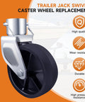 Front view of a 6-inch trailer jack wheel replacement with silver metal bracket and black caster wheel