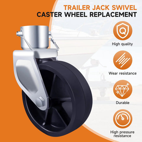 Front view of a 6-inch trailer jack wheel replacement with silver metal bracket and black caster wheel