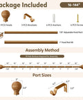 Wood Curtain Rod Set For Windows 72 To 144 Inches Adjustable Easy Install 1 Inch Diameter Heavy Duty Drapery Rod package contents