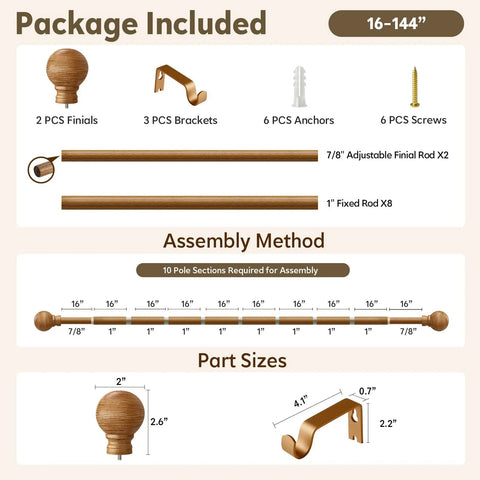 Wood Curtain Rod Set For Windows 72 To 144 Inches Adjustable Easy Install 1 Inch Diameter Heavy Duty Drapery Rod package contents