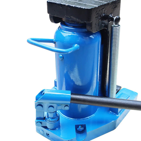 Tough As Nails Hydraulic Toe Jack Lift With 30 Ton Top And 15 Ton Bottom Heft, blue steel construction for heavy lifting.