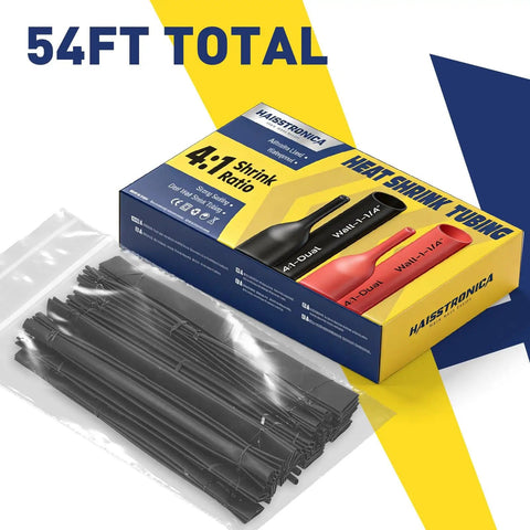 4:1 Heat Shrink Tubing Kit box and shrink wrap set, seven sizes, 54 feet total, adhesive lined marine grade, black.