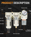 Three Eighths Inch NPT Air Compressor Filter Dryer With Auto And Semi Auto Dual Drain setup showing filter and regulator components.