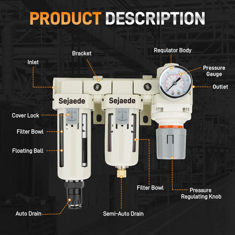 Three Eighths Inch NPT Air Compressor Filter Dryer With Auto And Semi Auto Dual Drain setup showing filter and regulator components.