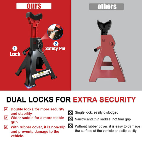 Front view of USYATO 6-Ton jack stands, red/black, dual pin lock, adjustable 15.6–23.4 in height, pair with rubber pads