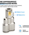 Push In Heavy Duty Pneumatic Fittings Tee And Straight Union Set One Quarter Inch OD Copper Nickel Plated Y Style Push To Connect Air Fittings 290 Psi Fits PU PA PE PVC Tubing Pack Of Five close-up view