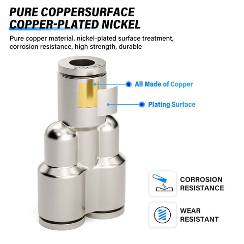 Push In Heavy Duty Pneumatic Fittings Tee And Straight Union Set One Quarter Inch OD Copper Nickel Plated Y Style Push To Connect Air Fittings 290 Psi Fits PU PA PE PVC Tubing Pack Of Five close-up view