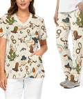 Women Western Cowboy Print Scrubs Set With Deep Multi Pocket Elastic Waist Healthcare Uniforms For Nurses And Dental Assistants Designed For Go Getter Days And Ride Or Die Comfort displayed on model.