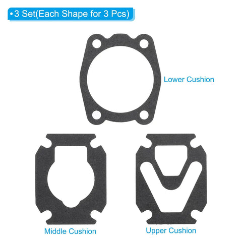 3 In 1 Air Compressor Valve Plate Replacement Kit With Paper Sealing Gasket Set In Black 3 Pack For Cylinder Head Base Seals Includes Upper Middle Lower Cushions And Replacement Paper Gaskets DIY Ready shown with labeled gaskets