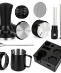 Grab This Legit 10 Piece Espresso Accessories Kit To Level Up Your Morning Routine Featuring A Sleek 51mm Tamping Station And Solid Milk Frothing Pitcher For Serious Coffee Crews Everywhere. Image of black espresso accessories, including tampers, pitcher, and tools.