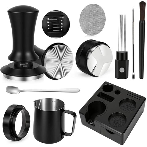 Grab This Legit 10 Piece Espresso Accessories Kit To Level Up Your Morning Routine Featuring A Sleek 51mm Tamping Station And Solid Milk Frothing Pitcher For Serious Coffee Crews Everywhere. Image of black espresso accessories, including tampers, pitcher, and tools.