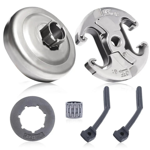 Three Eighths Inch Pitch Drop-In Clutch Drum Rim Sprocket Bearing Kit For Husqvarna 455 455 Rancher 460 460 Rancher 461 Chainsaws Replacement Parts 537291602 Includes Clutch Assembly Needle Bearing And Oil Pressure Lines components displayed