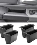 Ram 1500 Door Side Organizer Tray 4 Piece Set with White Line Mats for Left Hand Drive Models, shown in vehicle door and separate trays