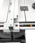 Close-up of measurement scale on a stand-mounted table of a Two Speed 14 Inch Band Saw With Stand DIY Friendly Black 9.5 Amp Motor Delivers Up To 8.85 Inch Cutting Depth And 13 3/8 Inch Wide, Large 21 1/2 By 15 3/4 Inch Table Bevels To 45 Degrees, Uses 100 3/4 Inch Blades