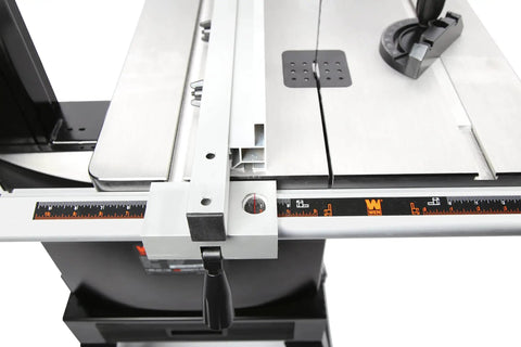Close-up of measurement scale on a stand-mounted table of a Two Speed 14 Inch Band Saw With Stand DIY Friendly Black 9.5 Amp Motor Delivers Up To 8.85 Inch Cutting Depth And 13 3/8 Inch Wide, Large 21 1/2 By 15 3/4 Inch Table Bevels To 45 Degrees, Uses 100 3/4 Inch Blades