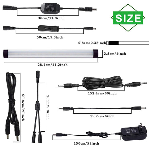Dimensions and components of Under Cabinet LED Light Bar Kit 12V Plug In Dimmable With Switch 6 Panel Daylight White Bar Lights.