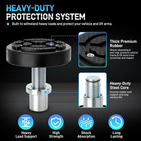 Heavy Duty 4 Pack Two Post Car Lift Pads Compatible With 35mm Shaft Screw Up Adjustable Lift Arm Grips Lock Down Tight Shop Grade Rock Solid Garage with thick rubber surface