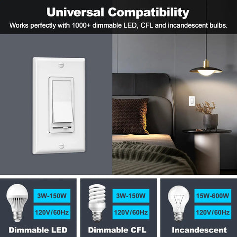 Two Pack Dimmable Light Switch For Single Pole Or 3 Way, Flicker Free With Side Adjustment Wheel, compatible with LED CFL bulbs