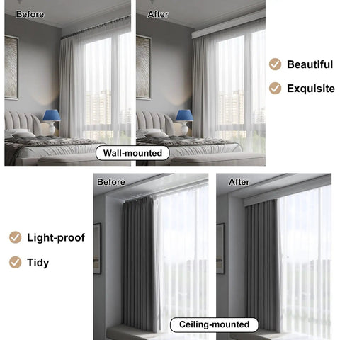 Double Curtain Pelmet Box With Heavy Duty Dual Tracks 3 In 1 Ceiling And Wall Mount Room Divider Curtain Rail For Living Room Bedroom Hotel And Villa White 180cm, wall-mounted