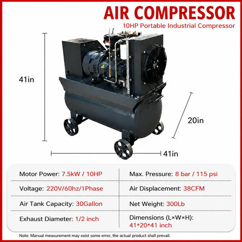 Heavy Duty 10Hp Portable Rotary Screw Air Compressor With 7.5Kw Motor And 30 Gal Tank Offers Steady Air Supply For Industrial Use Perfect For Pneumatic Wrenches And Heavy Tools Reliable Performance