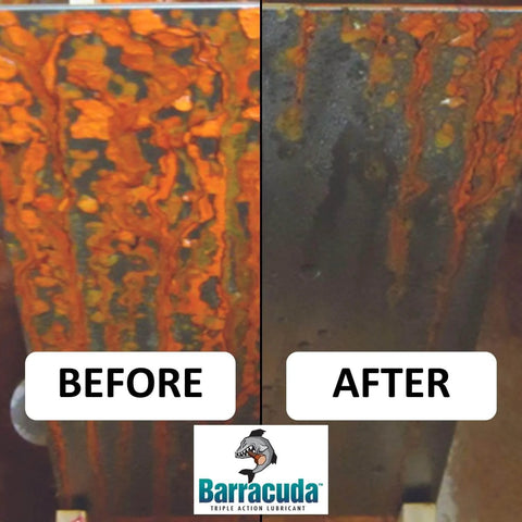 Before and after effect of Triple Action Rust Buster Lubricant Spray For Metal on corroded surface