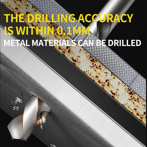Portable Drill Bits Sharpener MR-13A For One Eighth To Nine Sixteenths Inch Bits, 3mm To 15mm, 95 To 135 Degree Point Angle demonstrating sharp drilling on metal.
