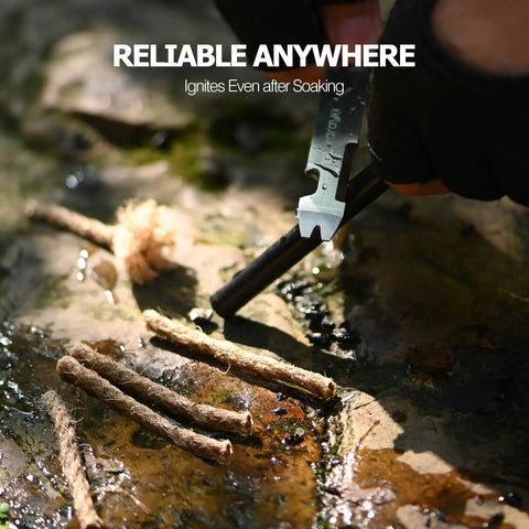 Person using Ferro Rod Fire Starter Survival Tool All In One Flint And Steel Kit Waterproof No Fuss Get Your Fire Going Fast